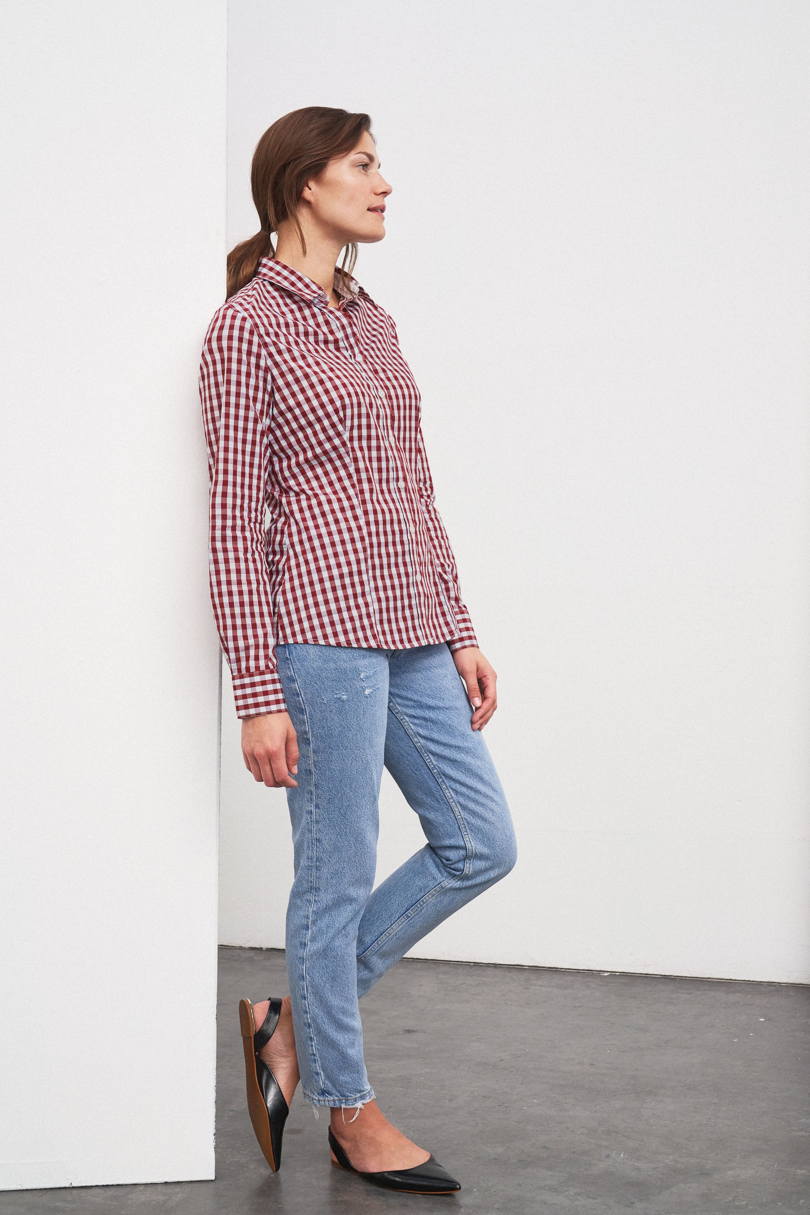 Ladies' Checked Blouse JN616 Modisches Karoshirt mit Uni-Einsätzen an Kragen und Manschette