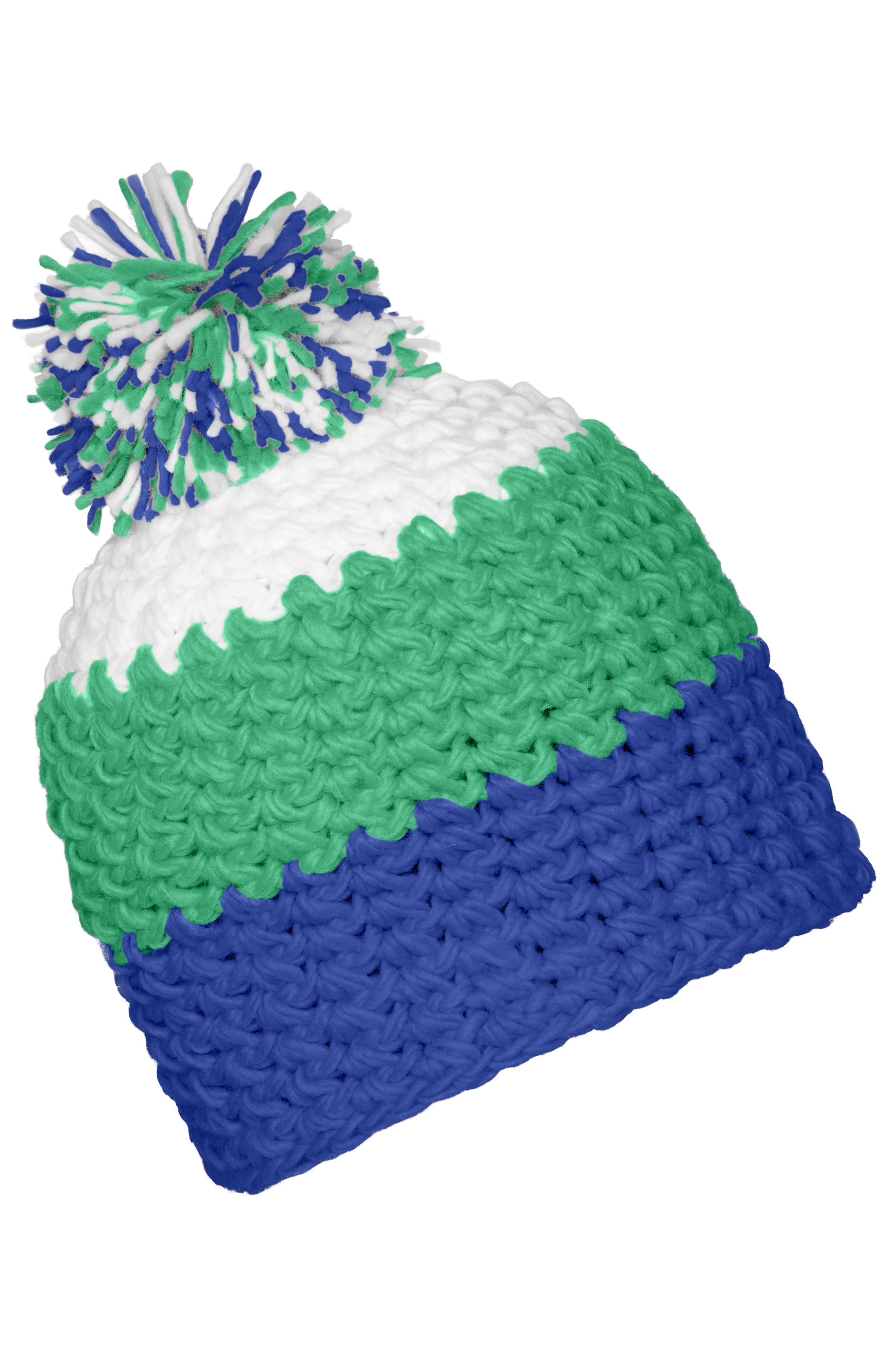 Crocheted Cap with Pompon MB7940 Angesagte 3-farbige Häkelmütze mit Pompon