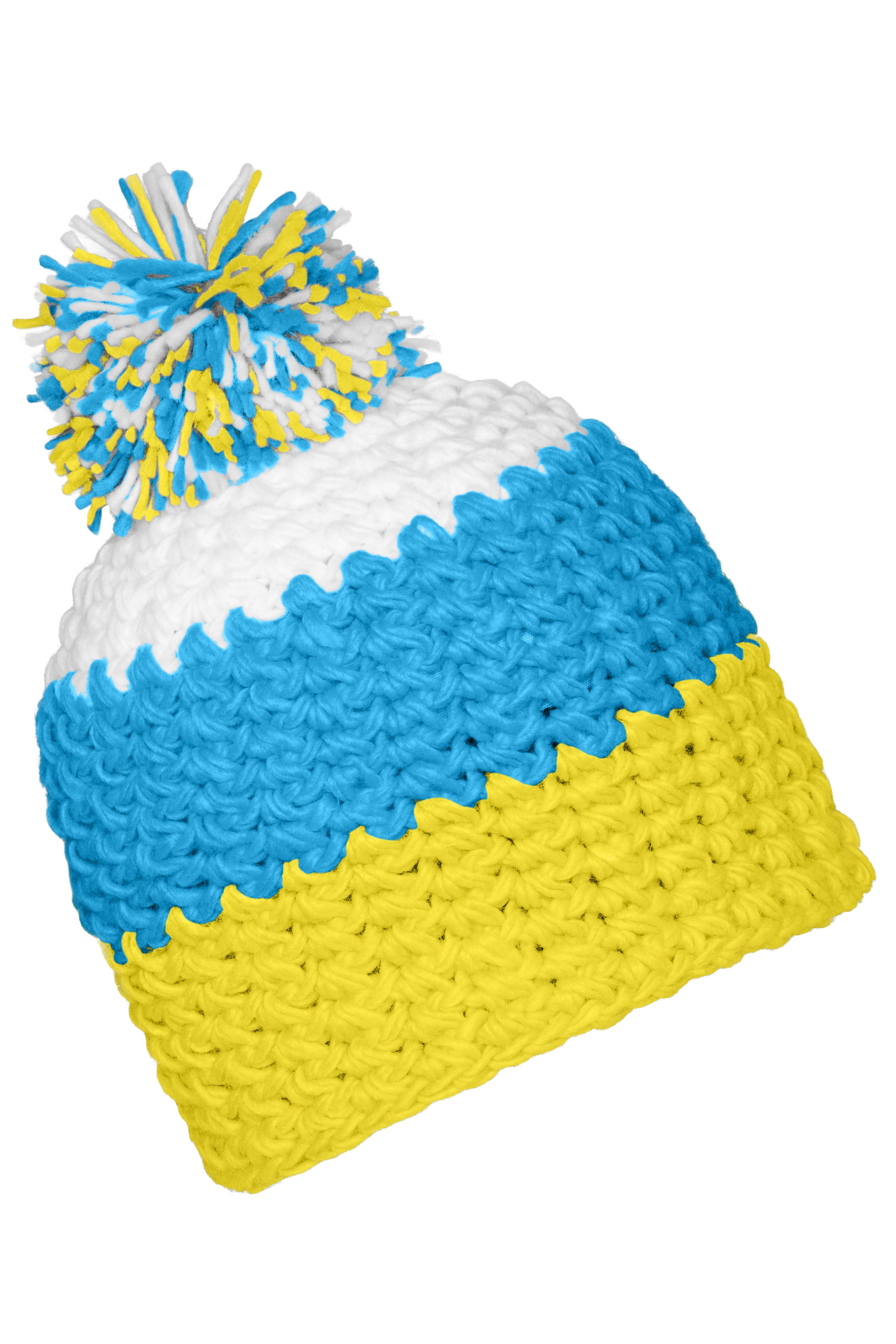 Crocheted Cap with Pompon MB7940 Angesagte 3-farbige Häkelmütze mit Pompon