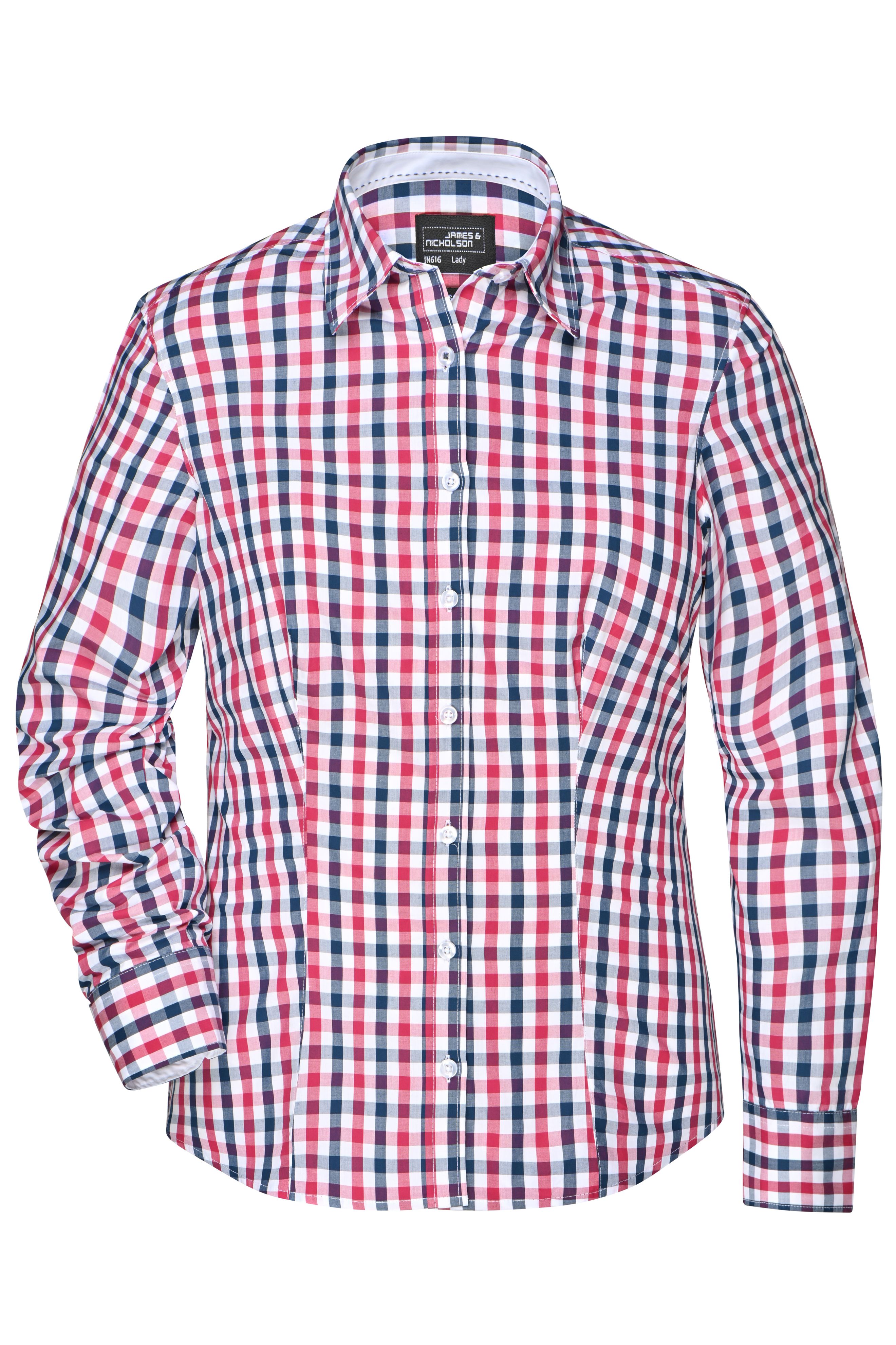 Ladies' Checked Blouse JN616 Modisches Karoshirt mit Uni-Einsätzen an Kragen und Manschette