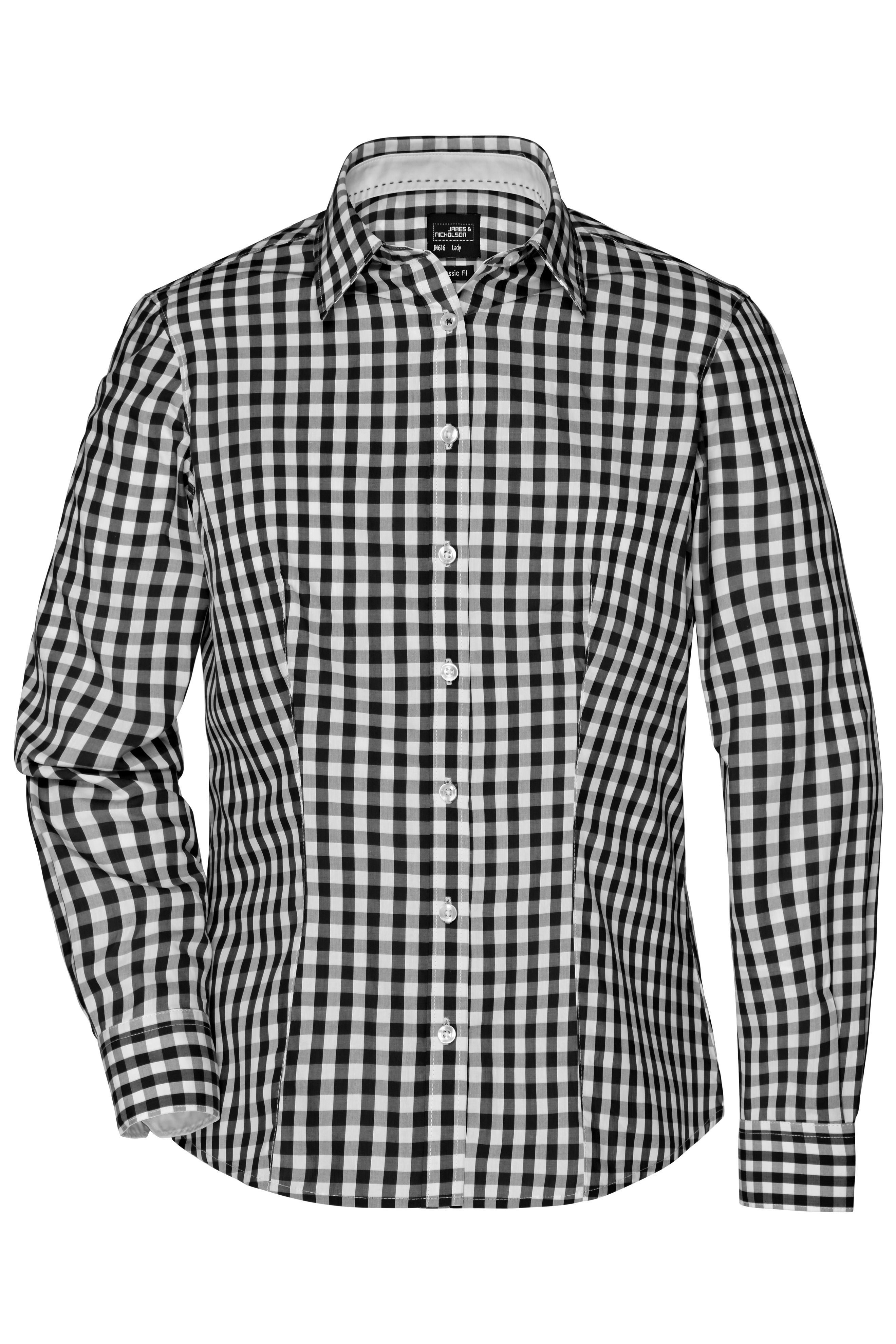 Ladies' Checked Blouse JN616 Modisches Karoshirt mit Uni-Einsätzen an Kragen und Manschette