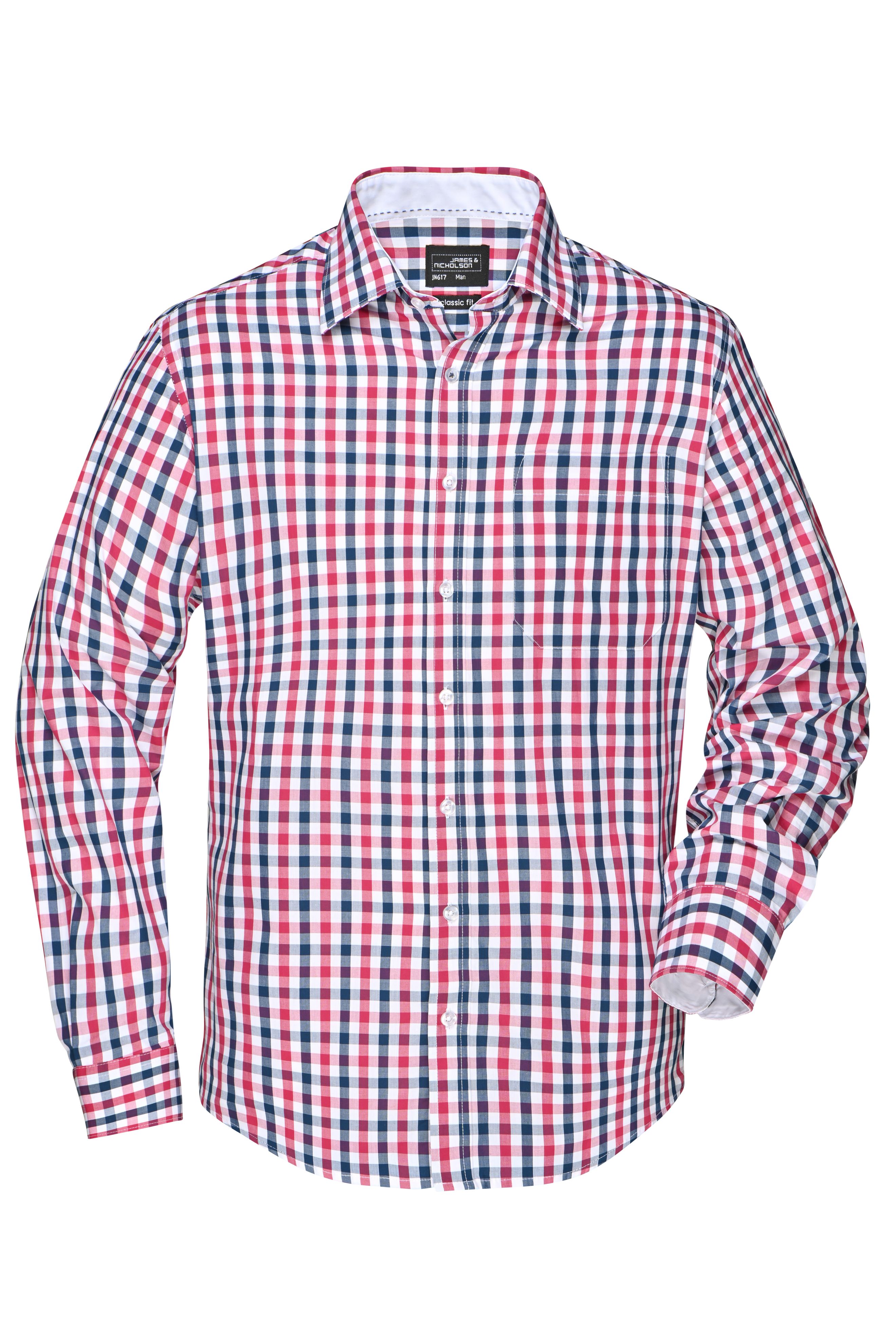 Men's Checked Shirt JN617 Modisches Karoshirt mit Uni-Einsätzen an Kragen und Manschette