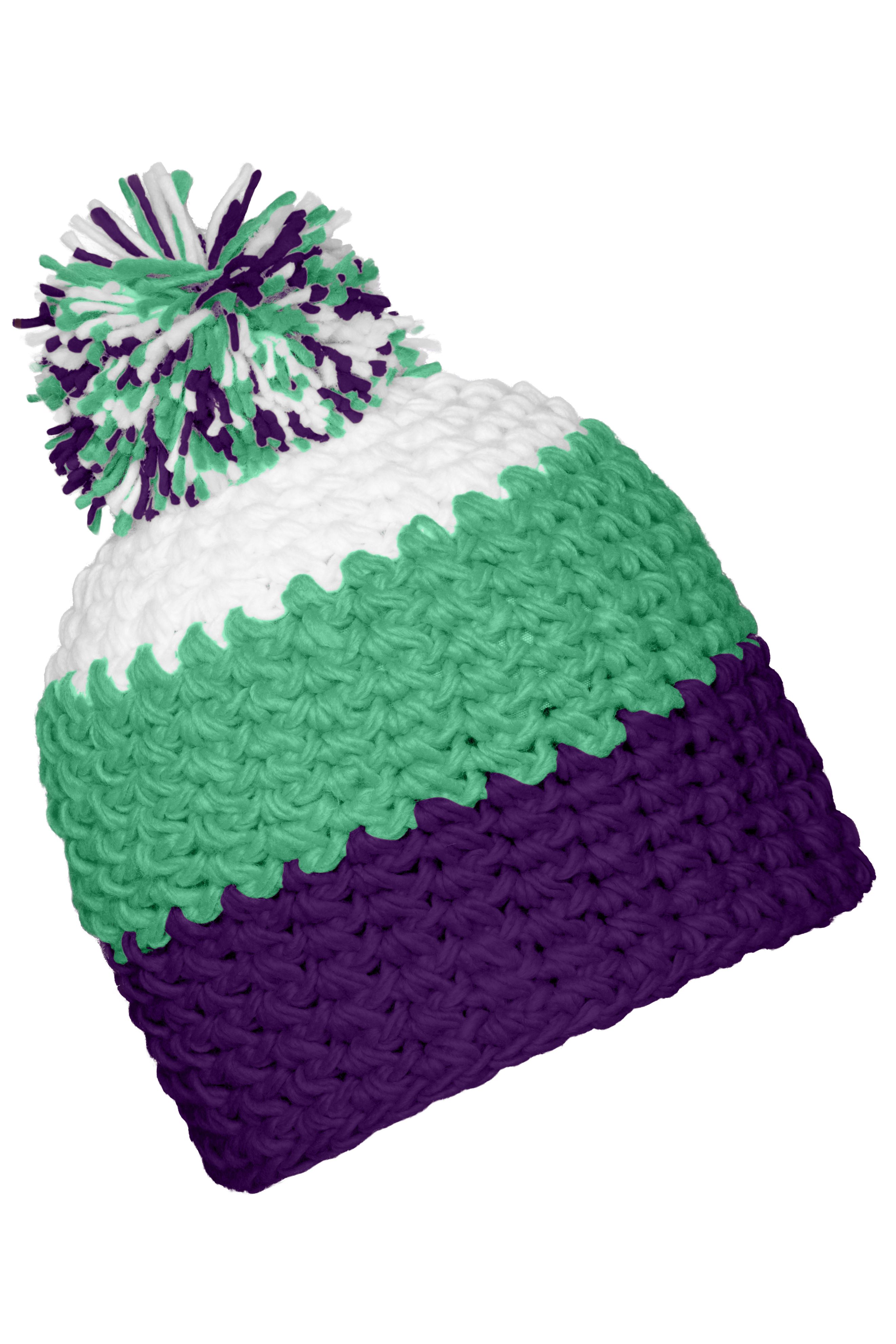 Crocheted Cap with Pompon MB7940 Angesagte 3-farbige Häkelmütze mit Pompon