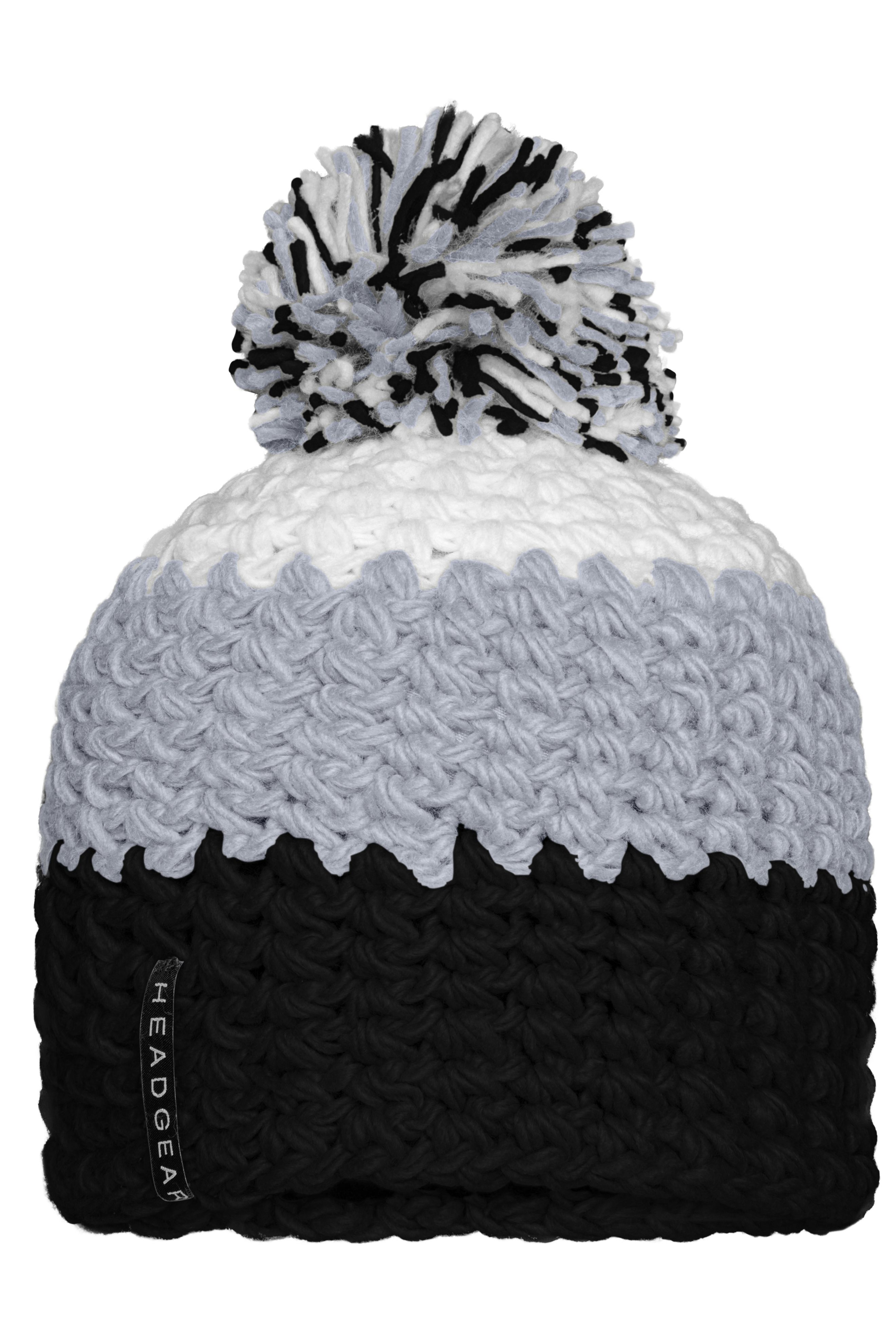 Crocheted Cap with Pompon MB7940 Angesagte 3-farbige Häkelmütze mit Pompon