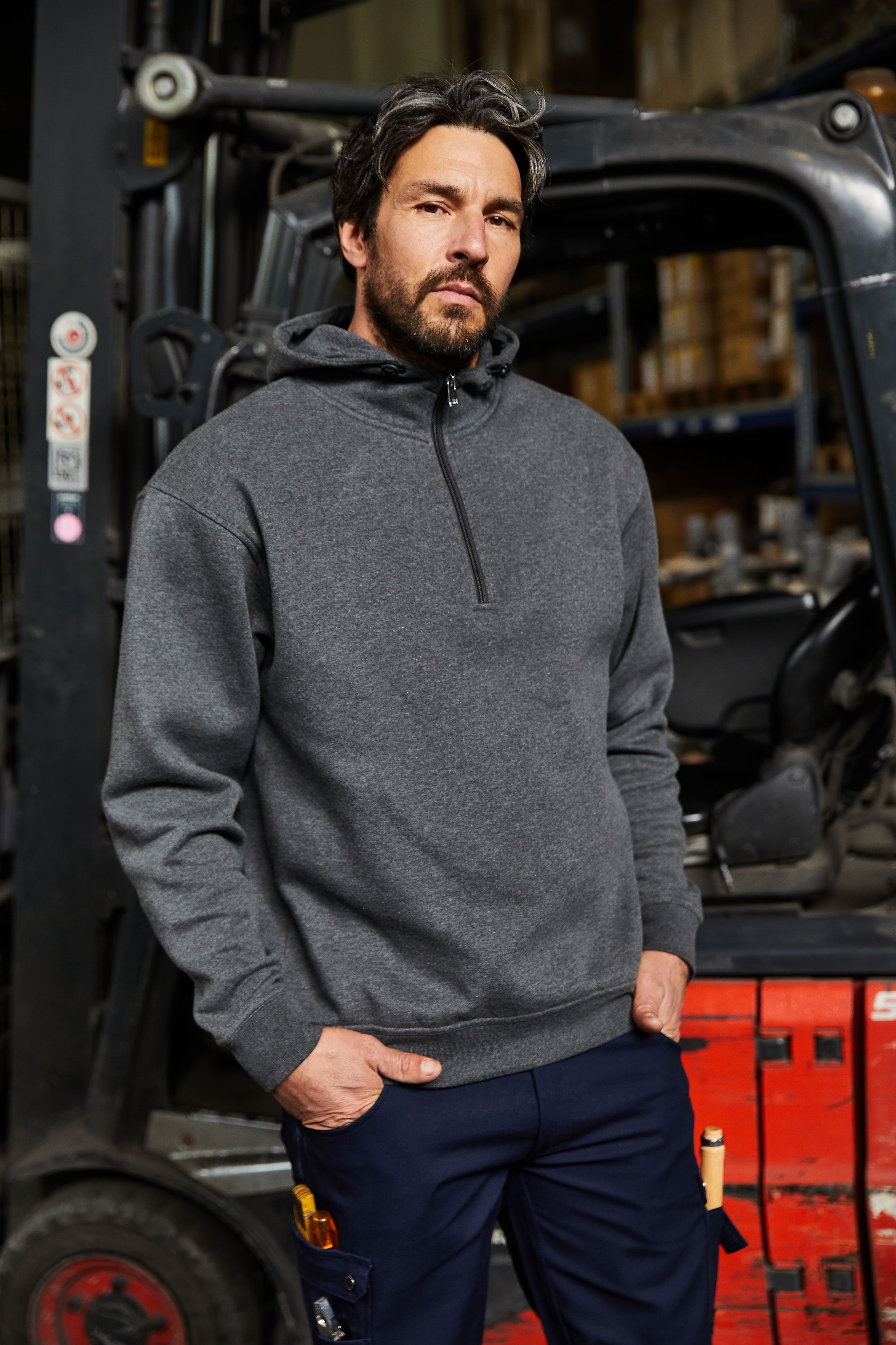 BIO Workwear-Half Zip Hoody JN839 Sweatshirt mit Kapuze und Reißverschluss